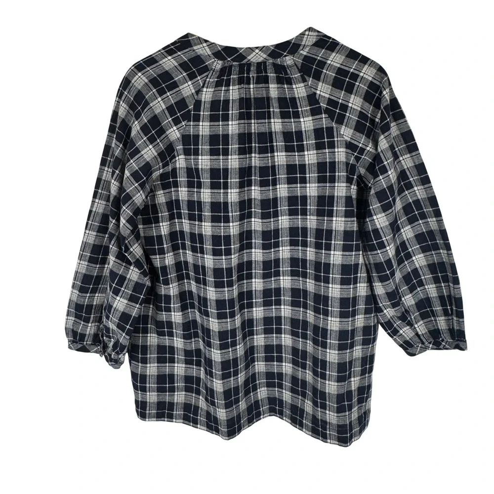 Madewell Plaid Cotton Linen Blouse Top Womens‎ S Navy Blue White Tassel Tie